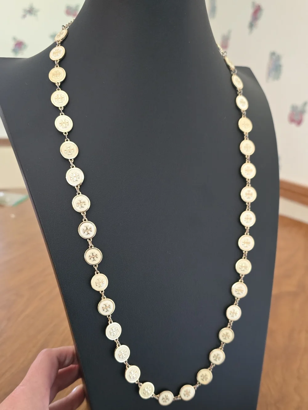 Tory Burch Gold Logo Link Necklace with Cream Enamel Discs
